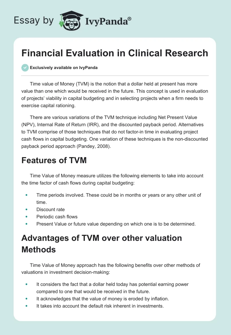 Financial Evaluation in Clinical Research. Page 1