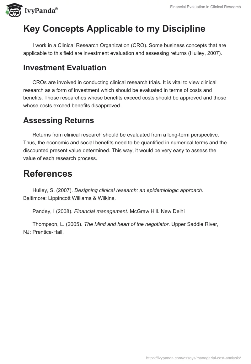 Financial Evaluation in Clinical Research. Page 3