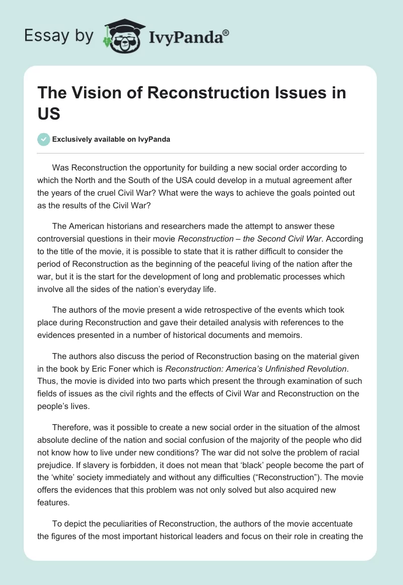The Vision of Reconstruction Issues in US. Page 1