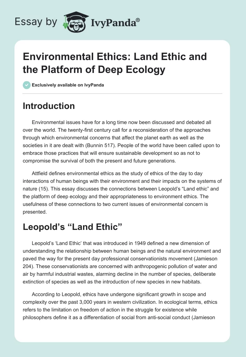 Environmental Ethics: Land Ethic and the Platform of Deep Ecology. Page 1