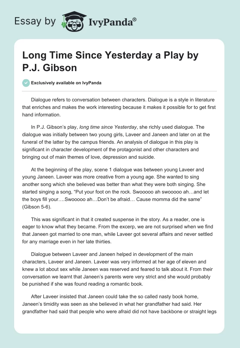 "Long Time Since Yesterday" a Play by P.J. Gibson. Page 1