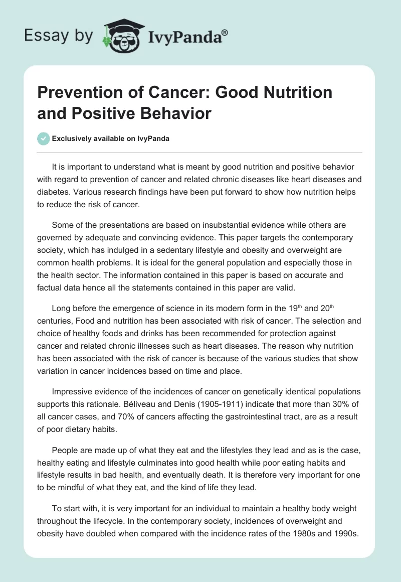 Prevention of Cancer: Good Nutrition and Positive Behavior. Page 1