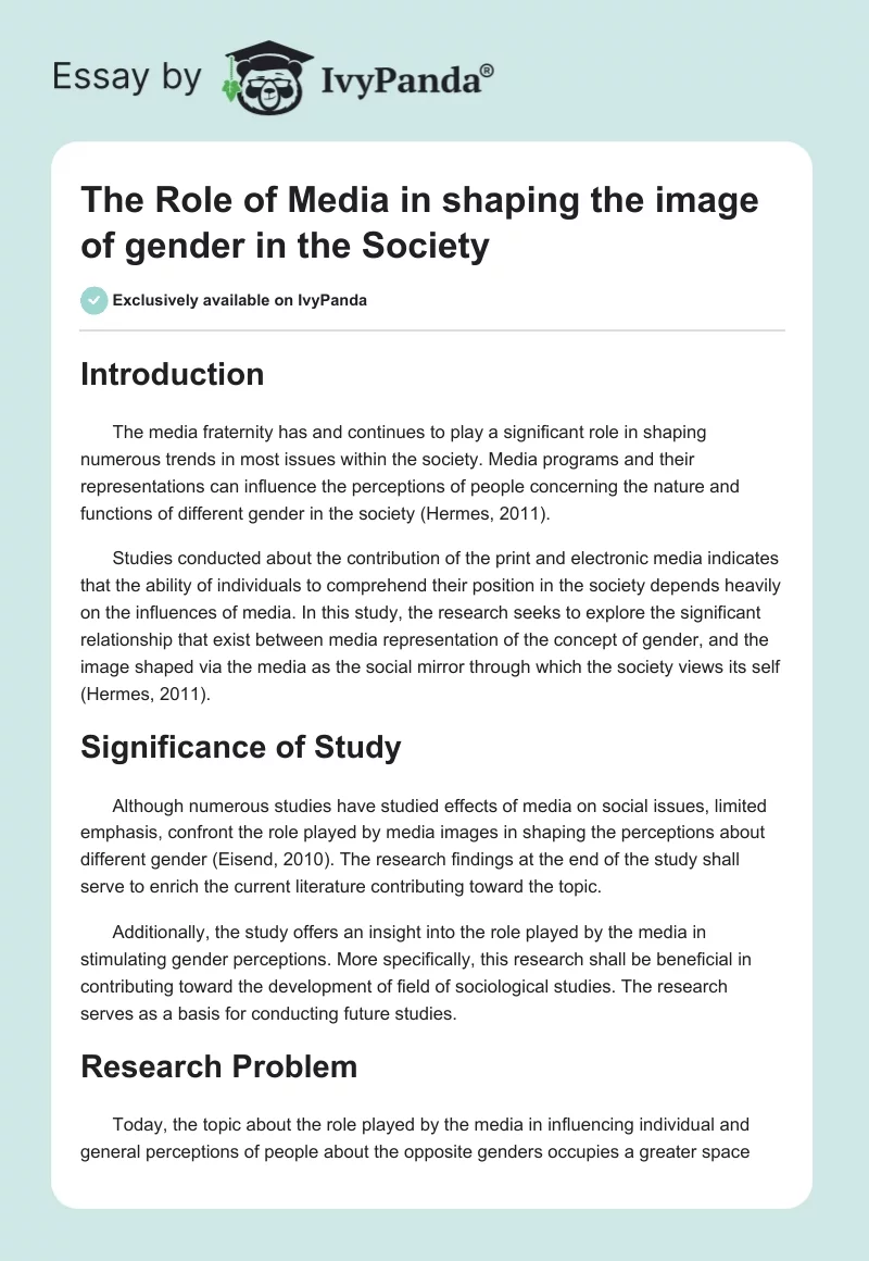 The Role of Media in shaping the image of gender in the Society. Page 1
