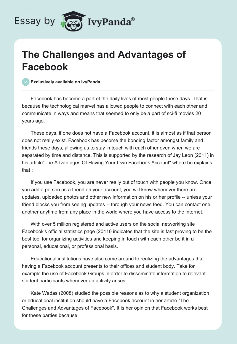 The Challenges and Advantages of Facebook. Page 1