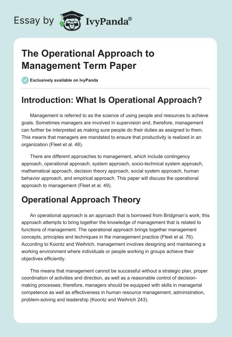 The Operational Approach to Management Term Paper. Page 1