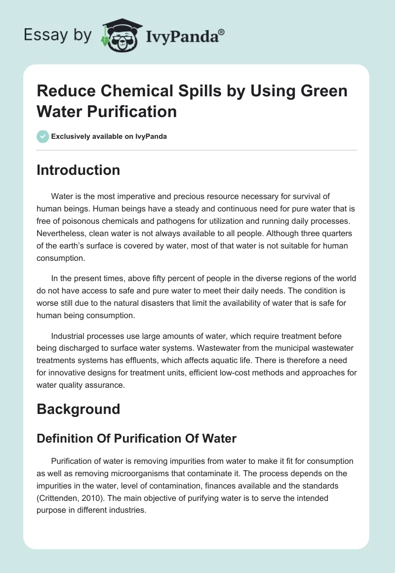 Reduce Chemical Spills by Using Green Water Purification. Page 1
