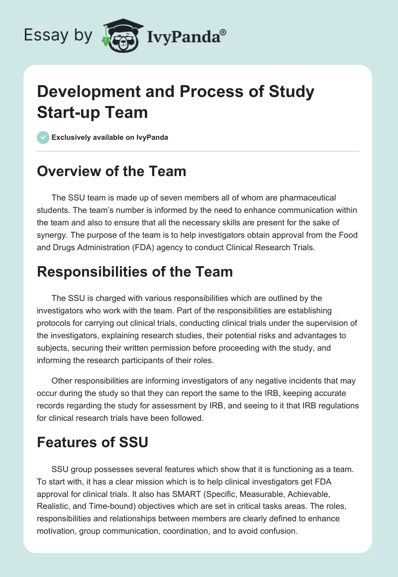 Development and Process of Study Start-up Team. Page 1
