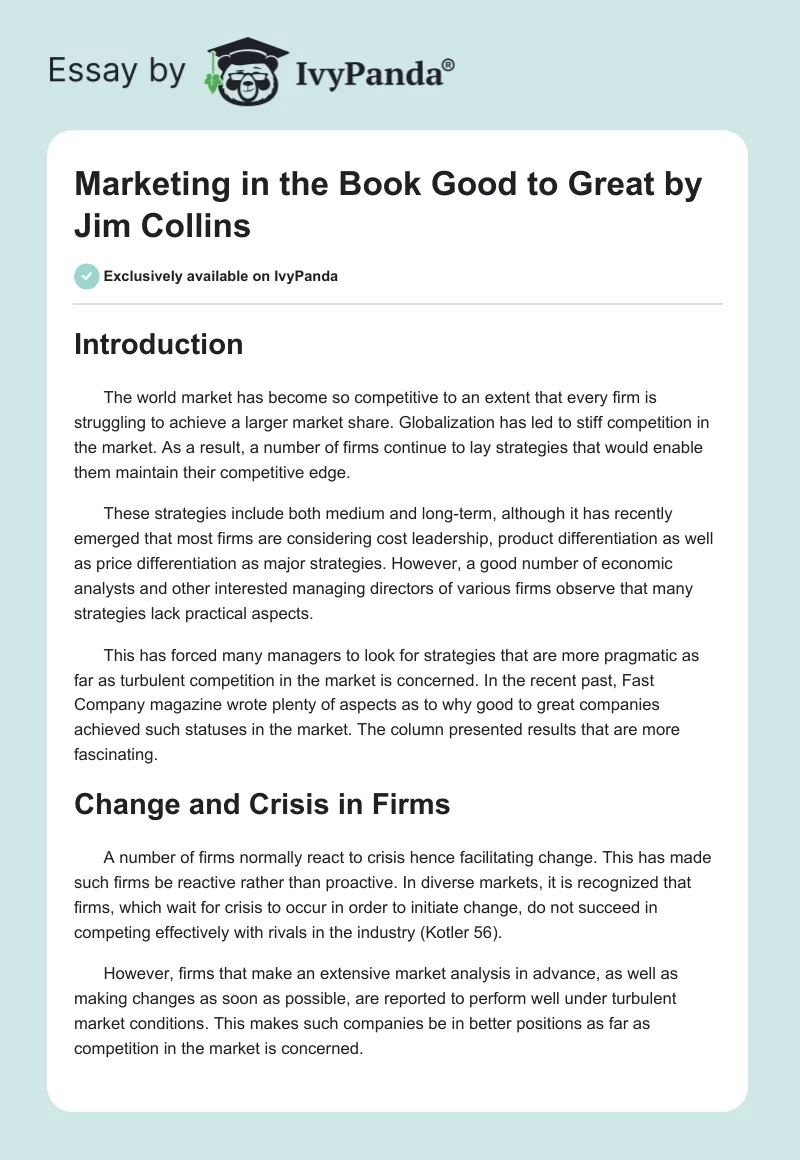 Marketing in the Book "Good to Great" by Jim Collins. Page 1