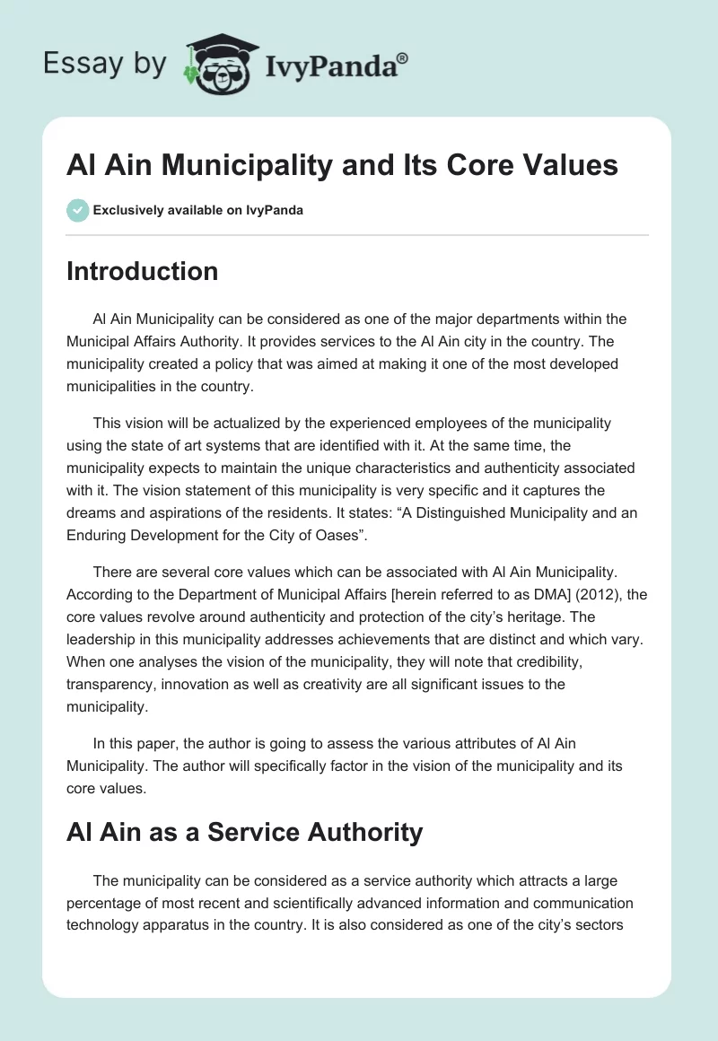 Al Ain Municipality and Its Core Values. Page 1