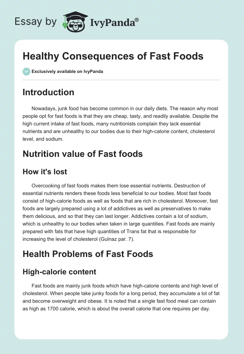 Healthy Consequences of Fast Foods. Page 1