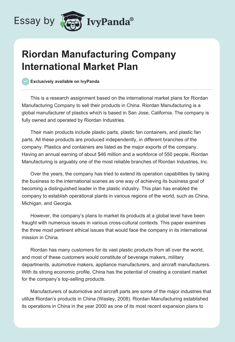 Riordan Manufacturing Company International Market Plan. Page 1