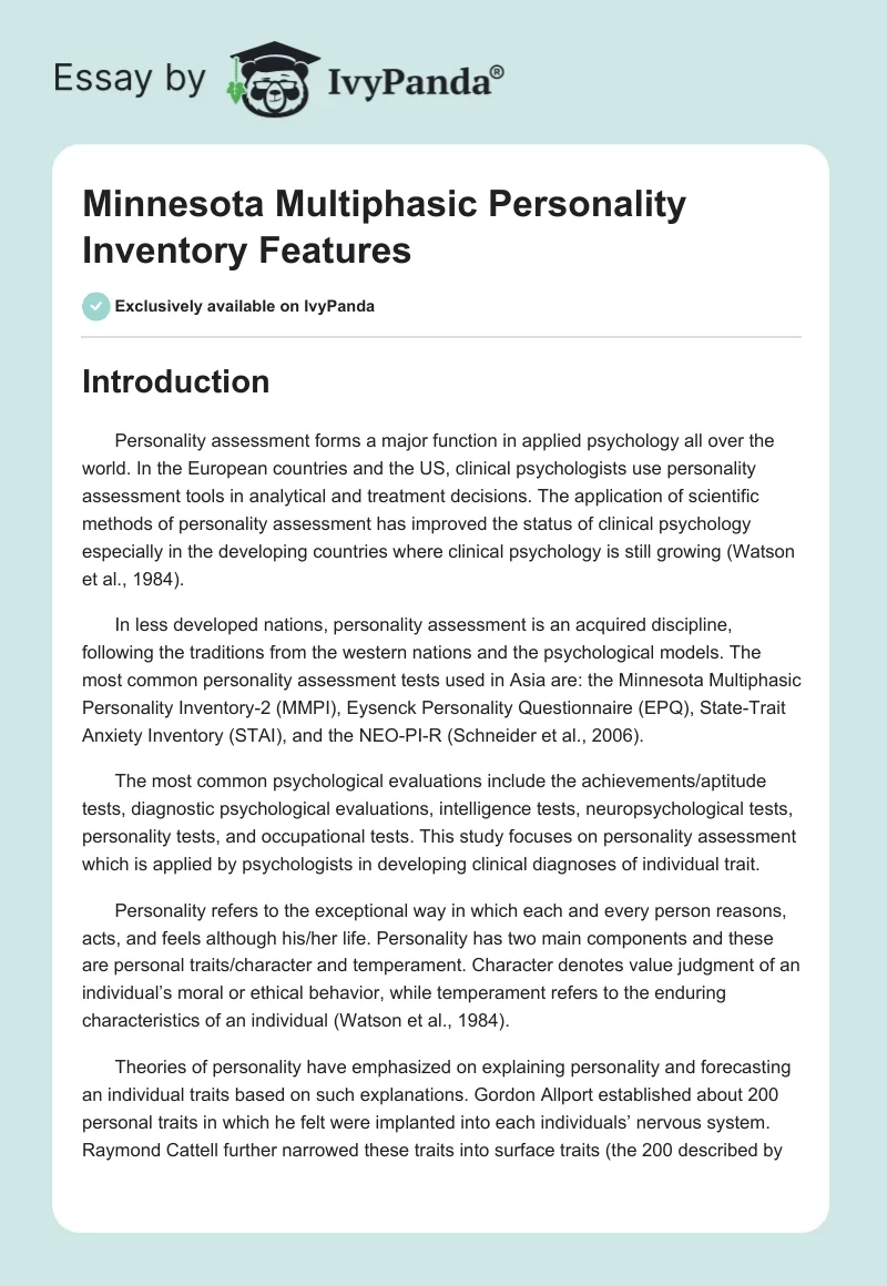 Minnesota Multiphasic Personality Inventory Features. Page 1