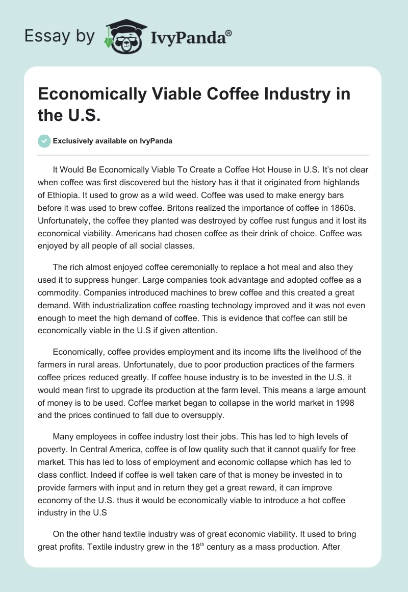Economically Viable Coffee Industry in the U.S.. Page 1