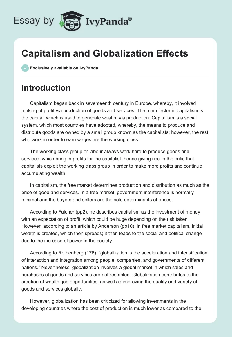 Capitalism and Globalization Effects. Page 1