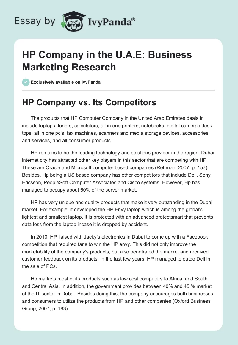 HP Company in the U.A.E: Business Marketing Research. Page 1