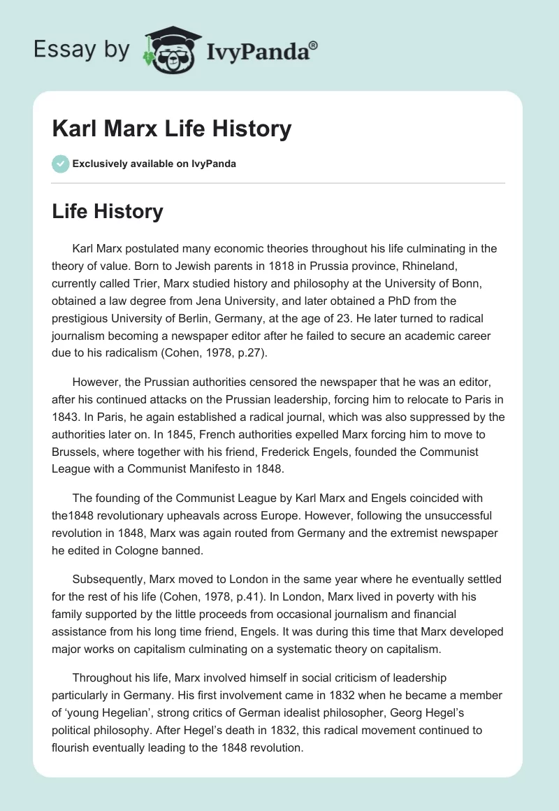 Karl Marx Life History. Page 1
