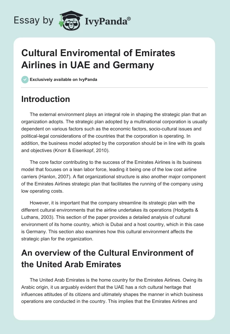Cultural Enviromental of Emirates Airlines in UAE and Germany. Page 1
