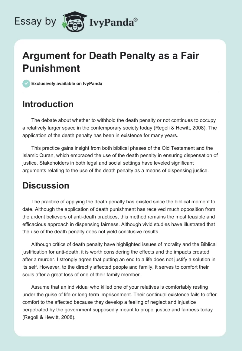 Argument for Death Penalty as a Fair Punishment. Page 1