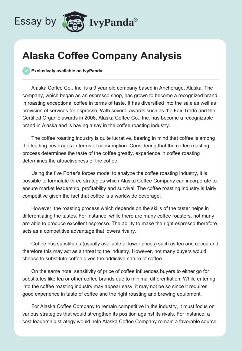 Alaska Coffee Company Analysis. Page 1