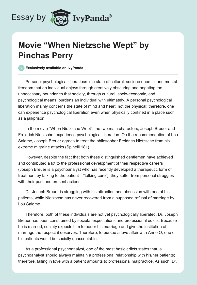 Movie “When Nietzsche Wept” by Pinchas Perry. Page 1