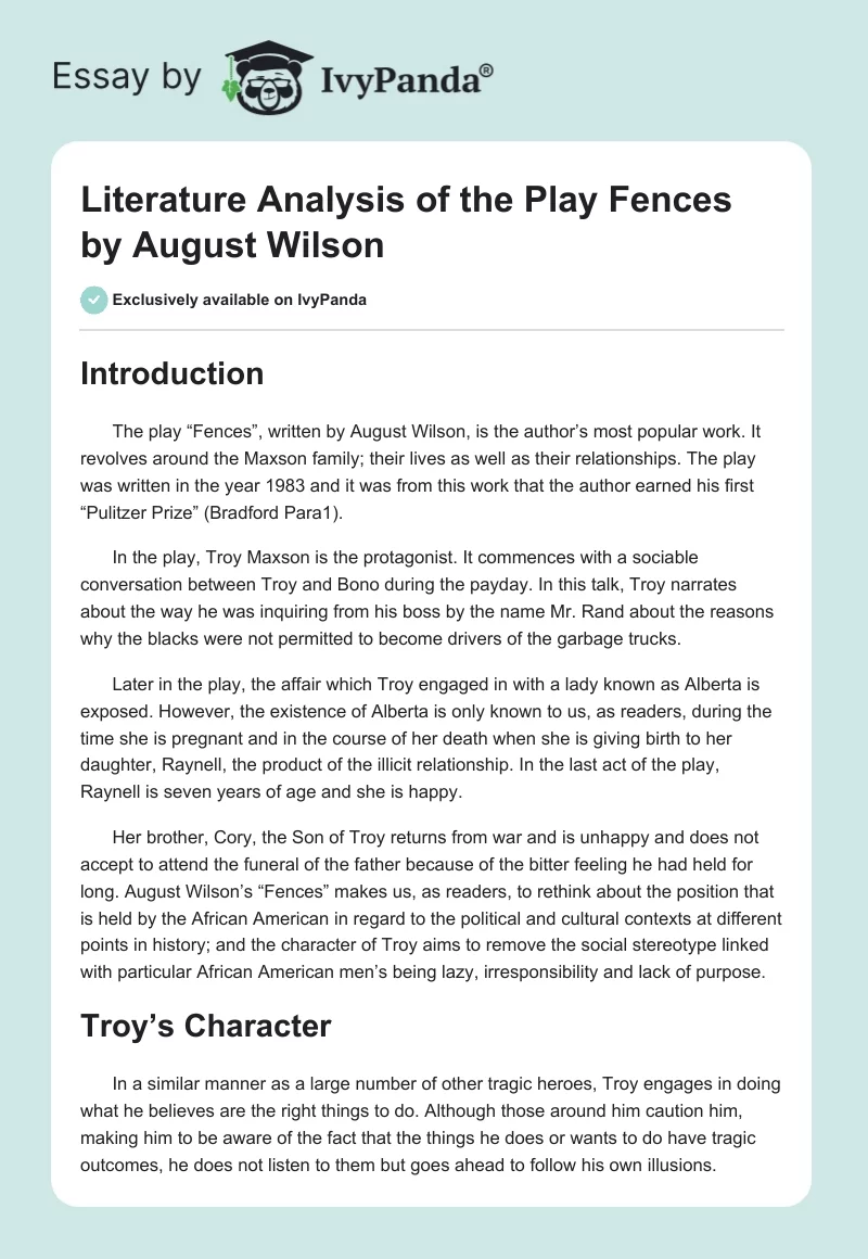 Literature Analysis of the Play "Fences" by August Wilson. Page 1
