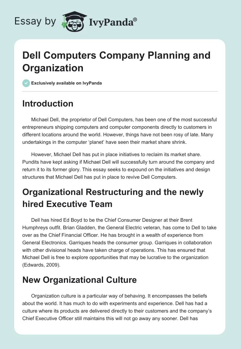 Dell Computers Company Planning and Organization. Page 1