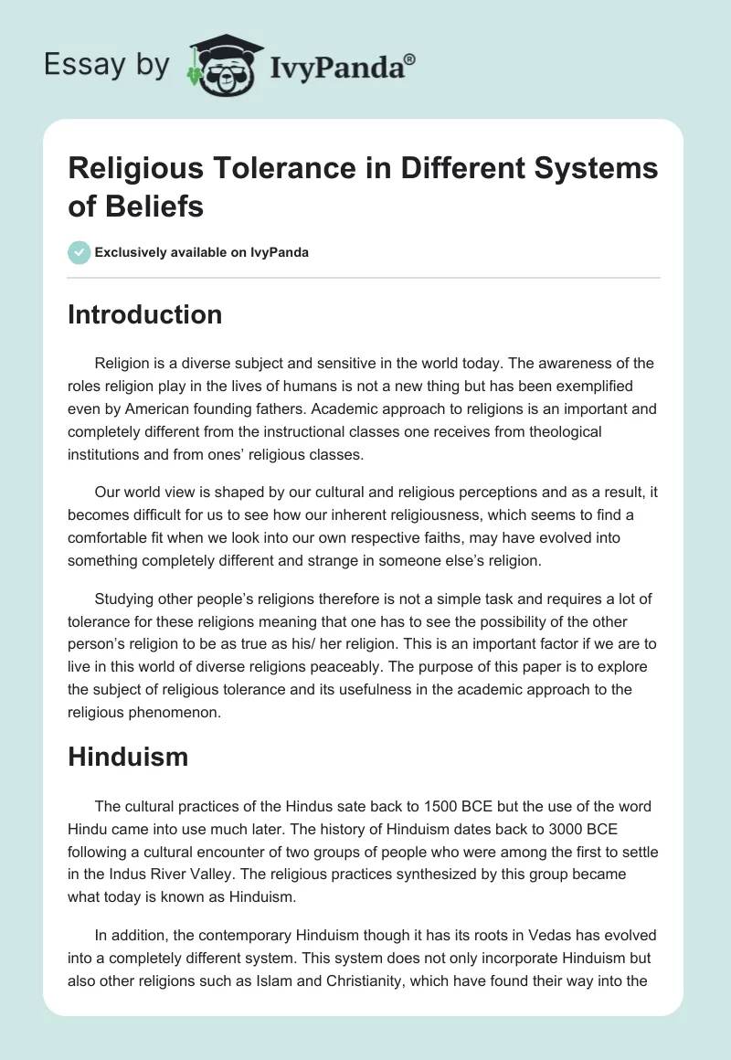 Religious Tolerance in Different Systems of Beliefs. Page 1