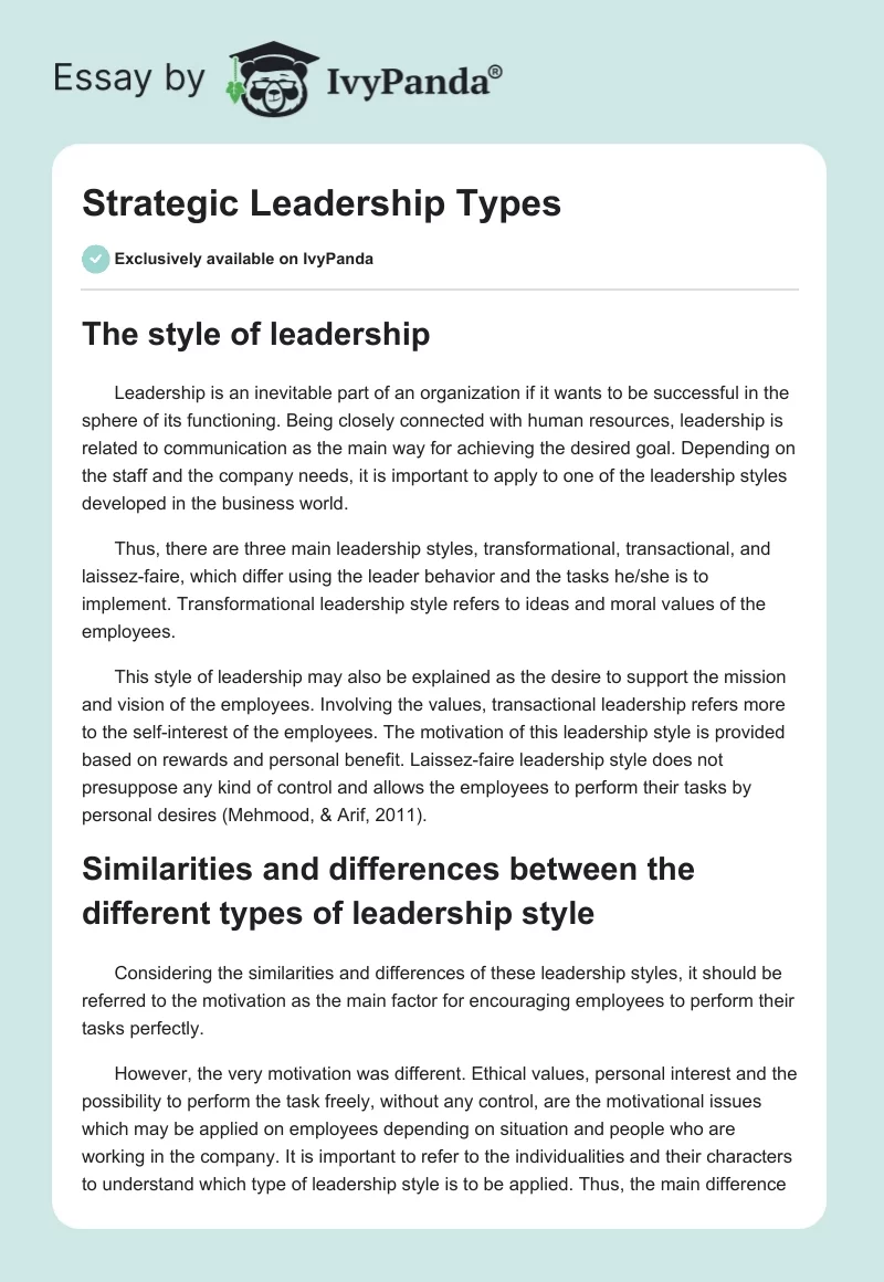 Strategic Leadership Types. Page 1