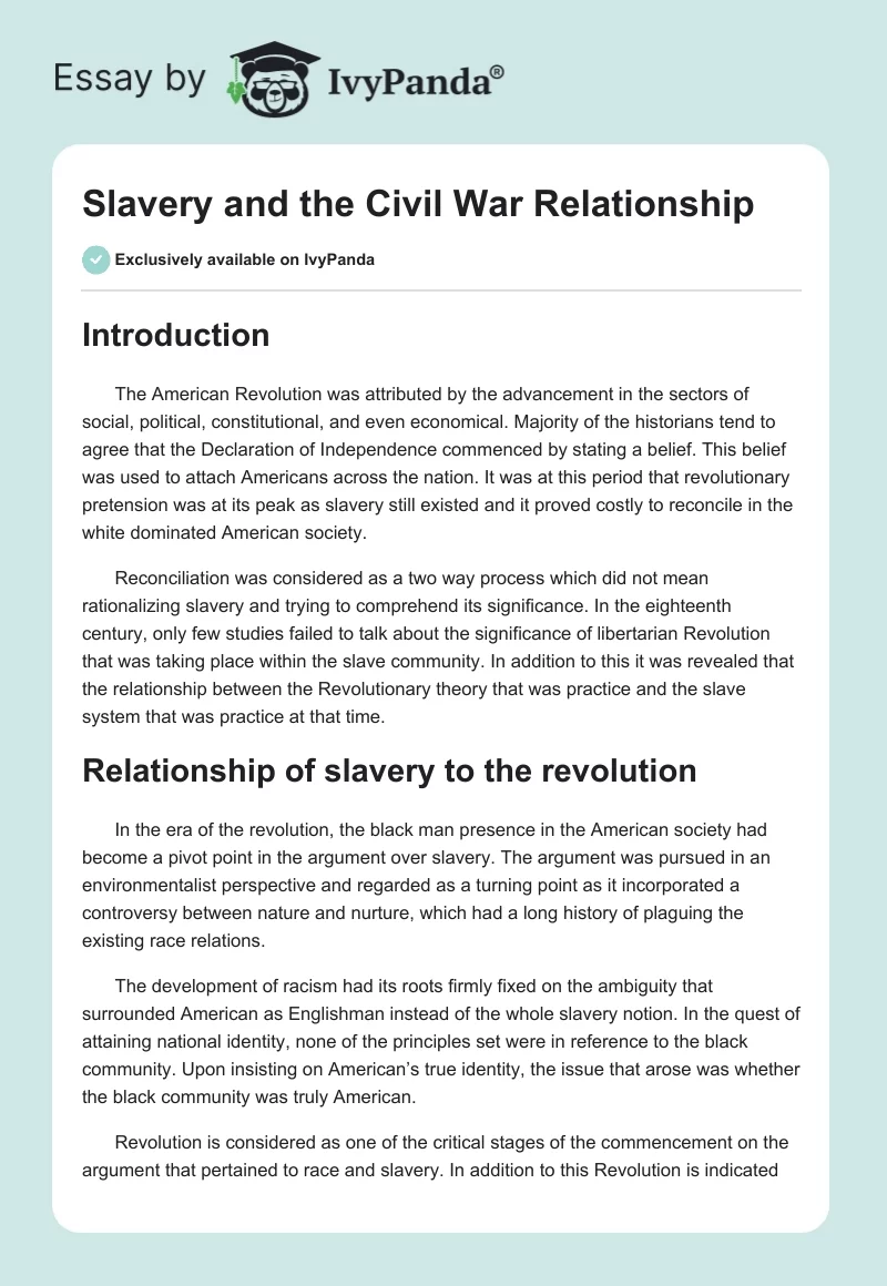 Slavery and the Civil War Relationship. Page 1