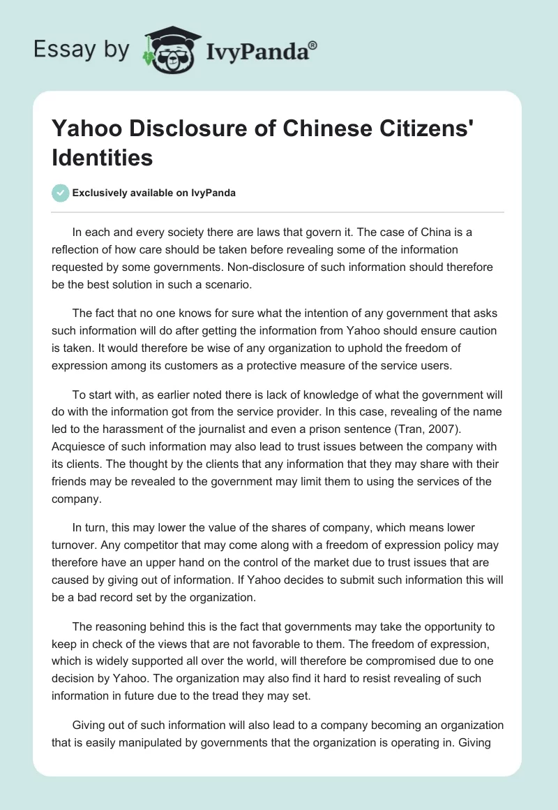 Yahoo Disclosure of Chinese Citizens' Identities. Page 1