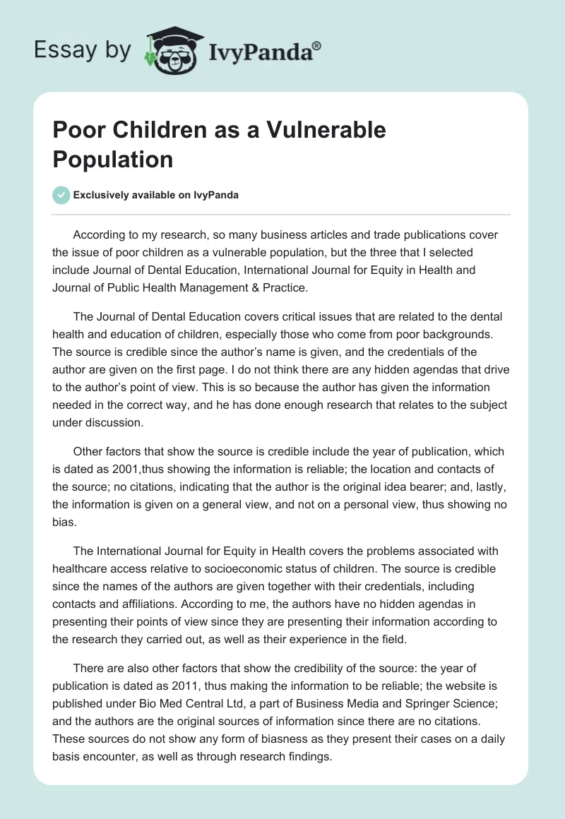 Poor Children as a Vulnerable Population. Page 1