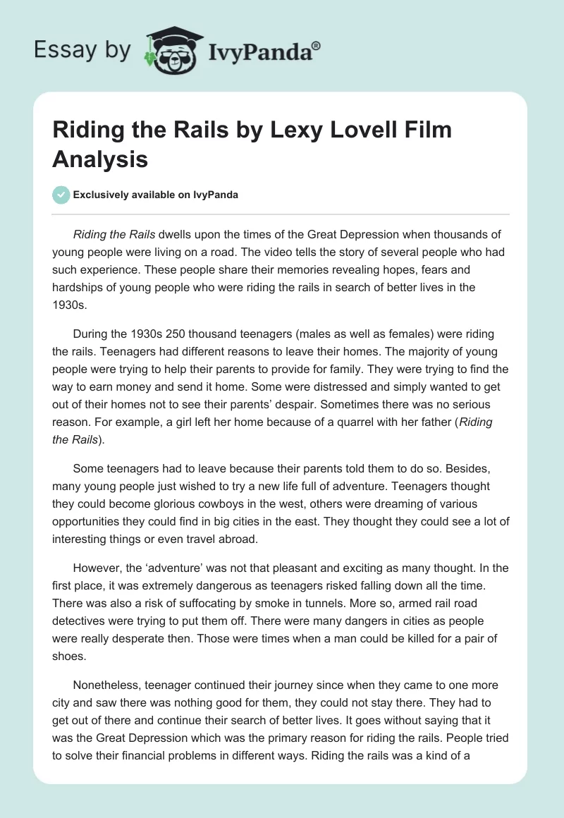 "Riding the Rails" by Lexy Lovell Film Analysis. Page 1