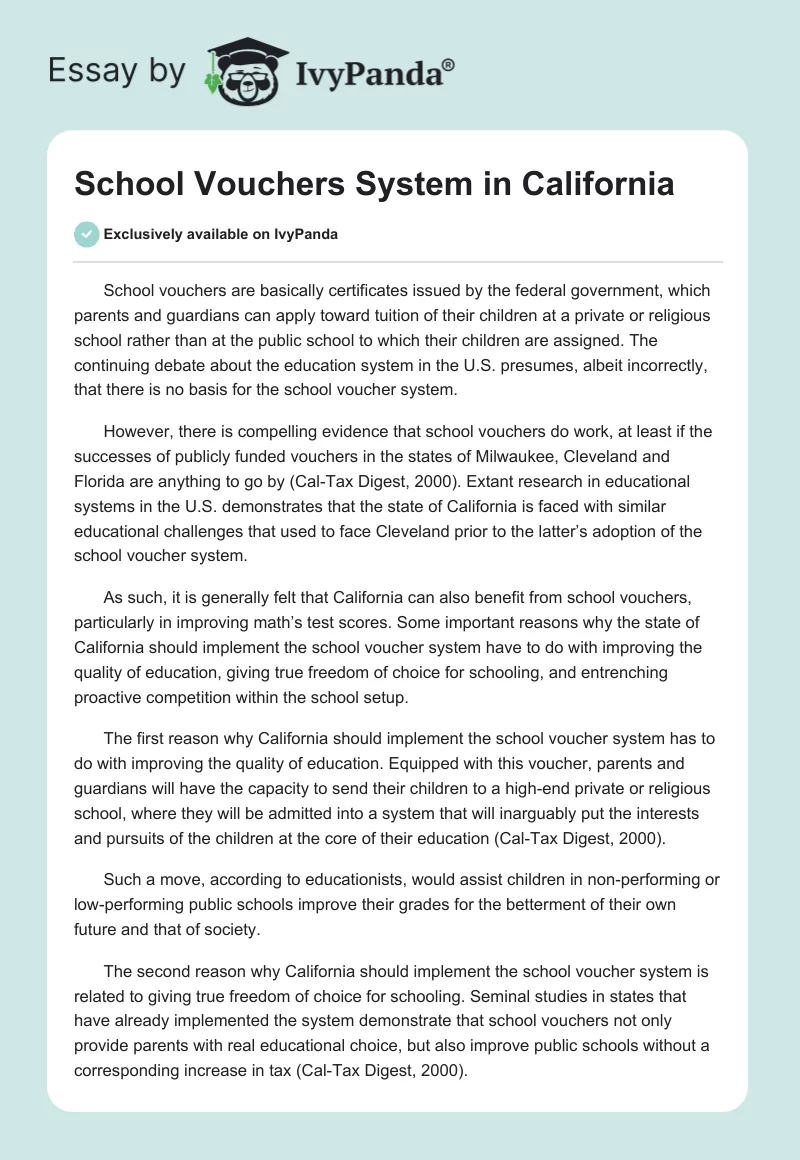 School Vouchers System in California. Page 1