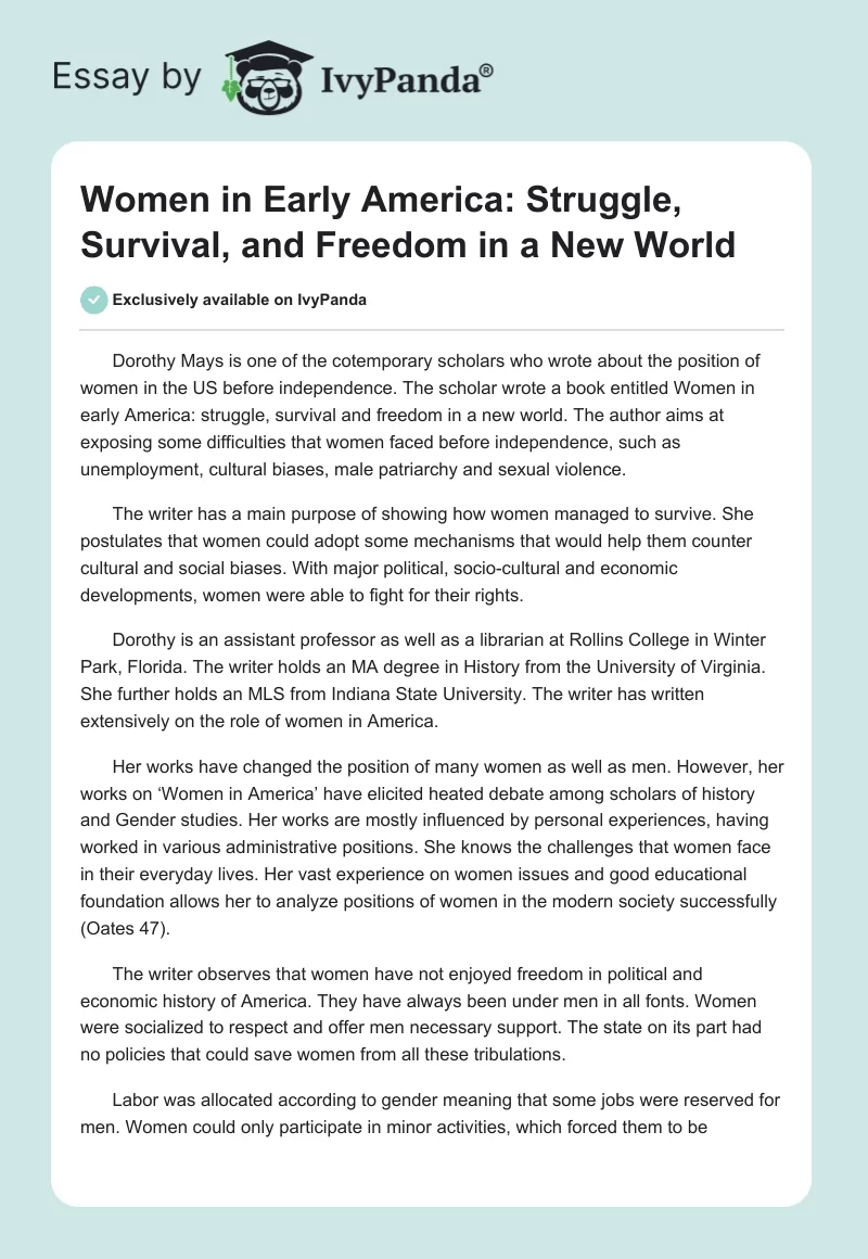 Women in Early America: Struggle, Survival, and Freedom in a New World. Page 1