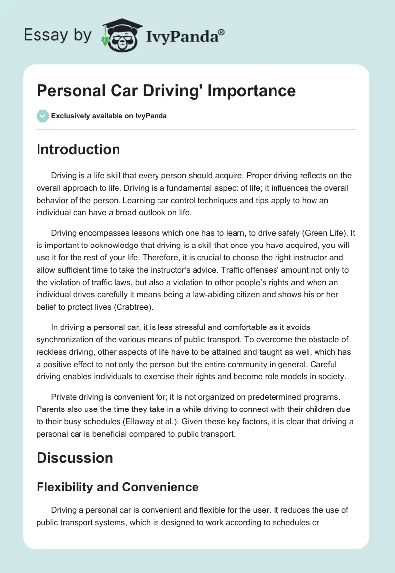 Personal Car Driving' Importance. Page 1