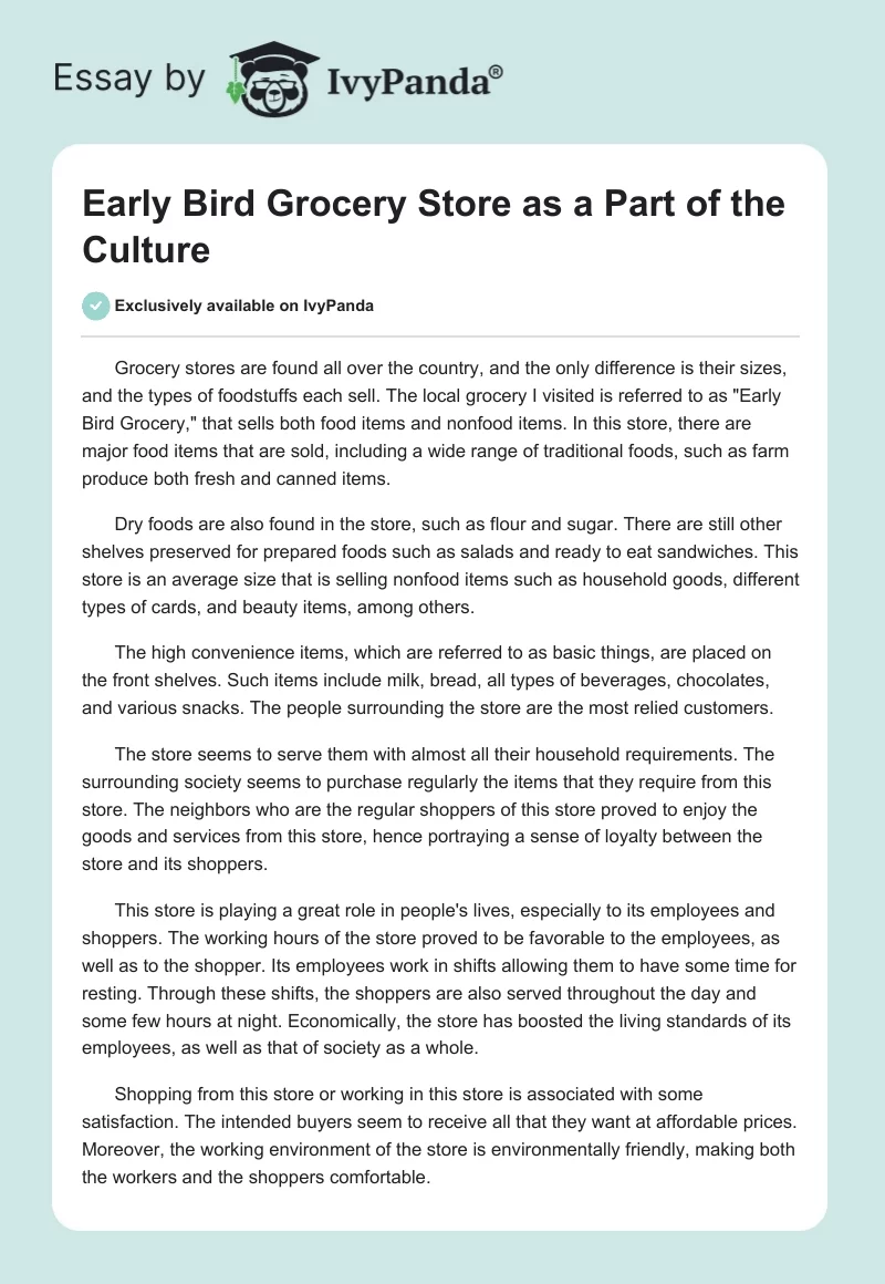 Early Bird Grocery Store as a Part of the Culture. Page 1
