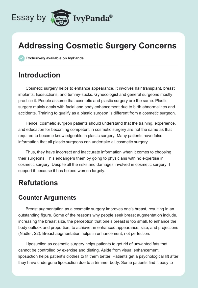 Addressing Cosmetic Surgery Concerns. Page 1