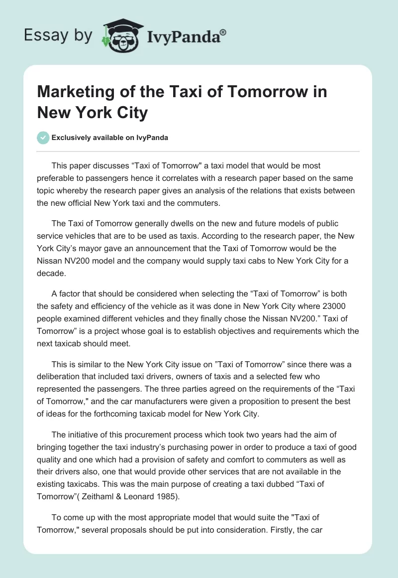 Marketing of the "Taxi of Tomorrow" in New York City. Page 1