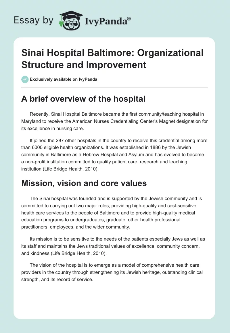 Sinai Hospital Baltimore: Organizational Structure and Improvement. Page 1