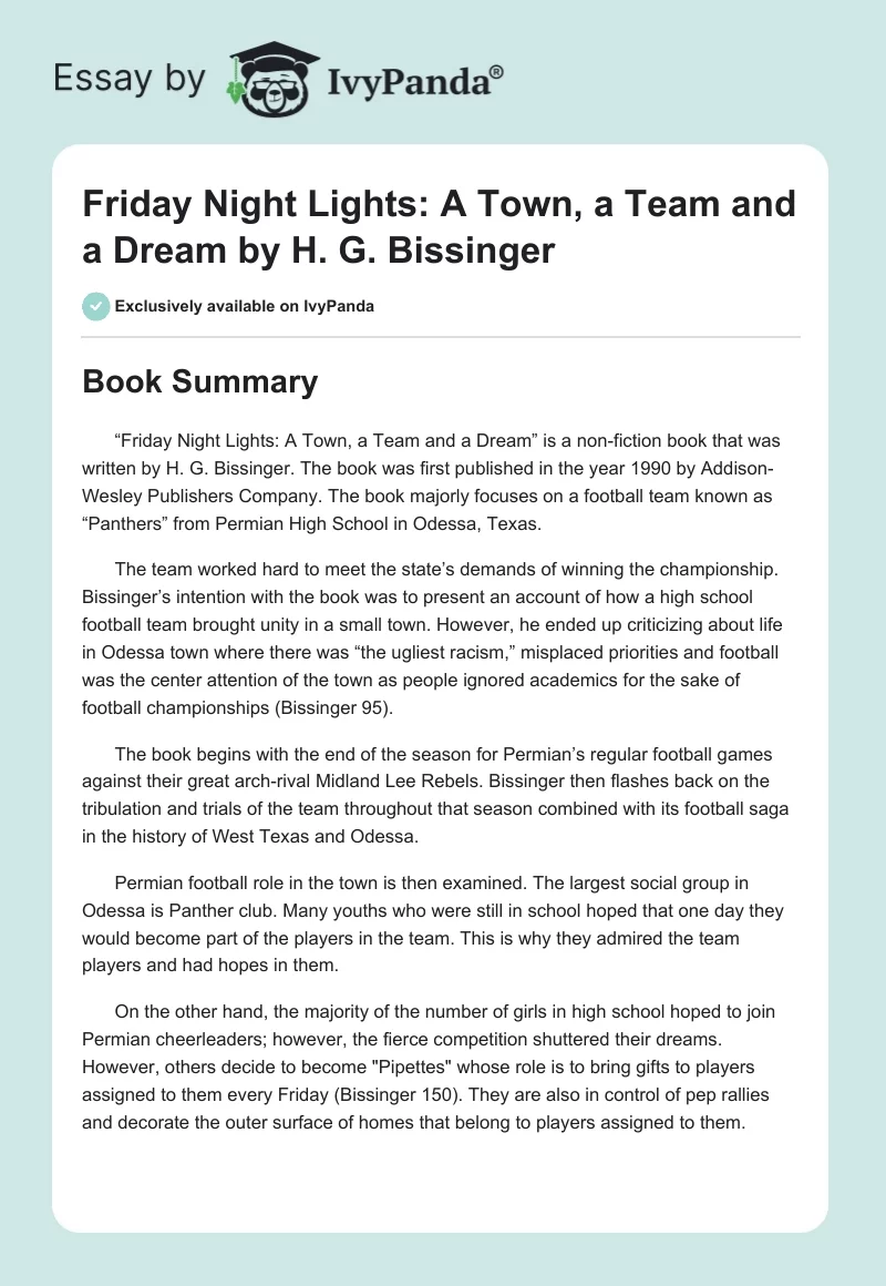 "Friday Night Lights: A Town, a Team and a Dream" by H. G. Bissinger. Page 1