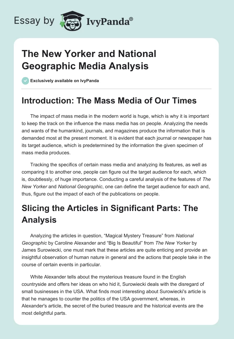 "The New Yorker" and "National Geographic" Media Analysis. Page 1