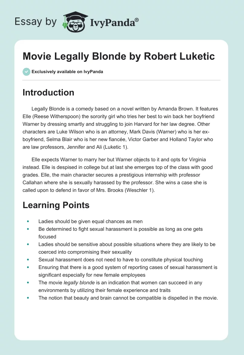 Movie "Legally Blonde" by Robert Luketic. Page 1
