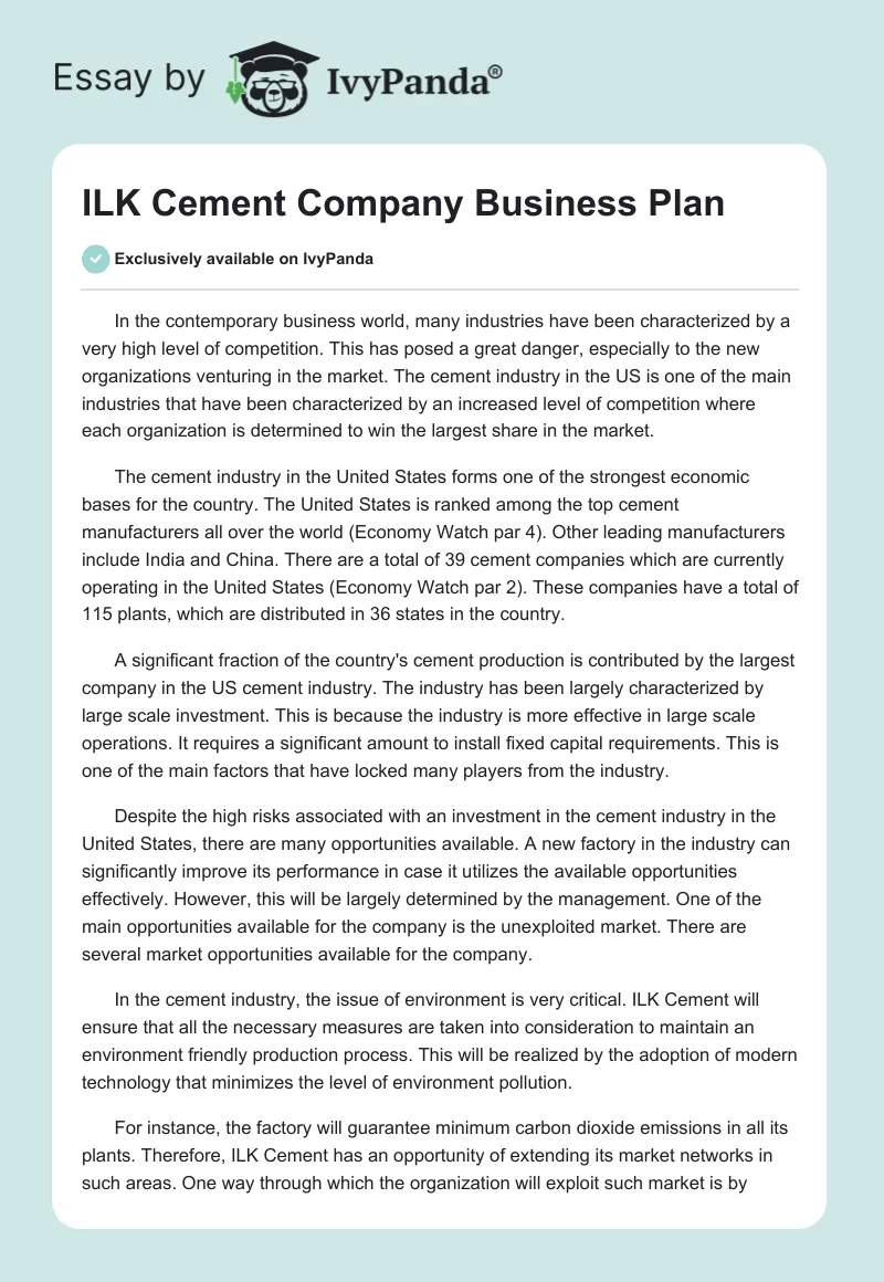 ILK Cement Company Business Plan. Page 1