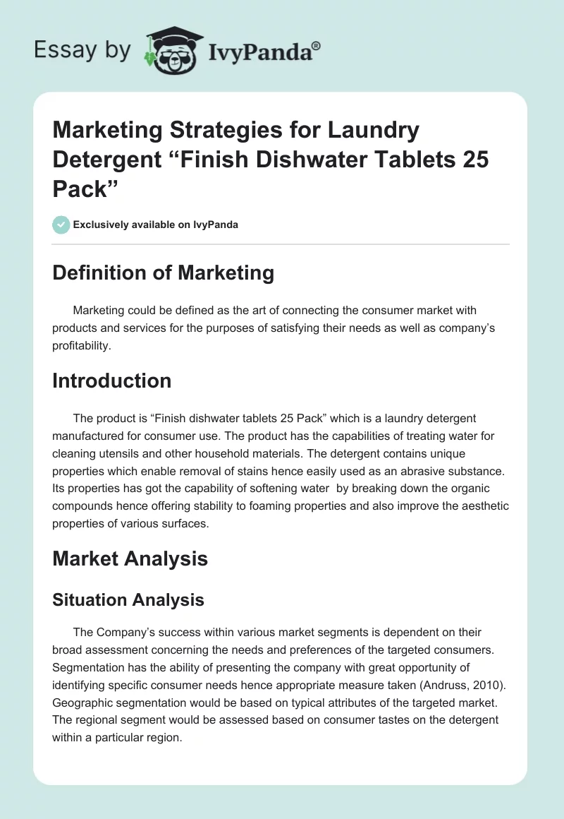 Marketing Strategies for Laundry Detergent “Finish Dishwater Tablets 25 Pack”. Page 1