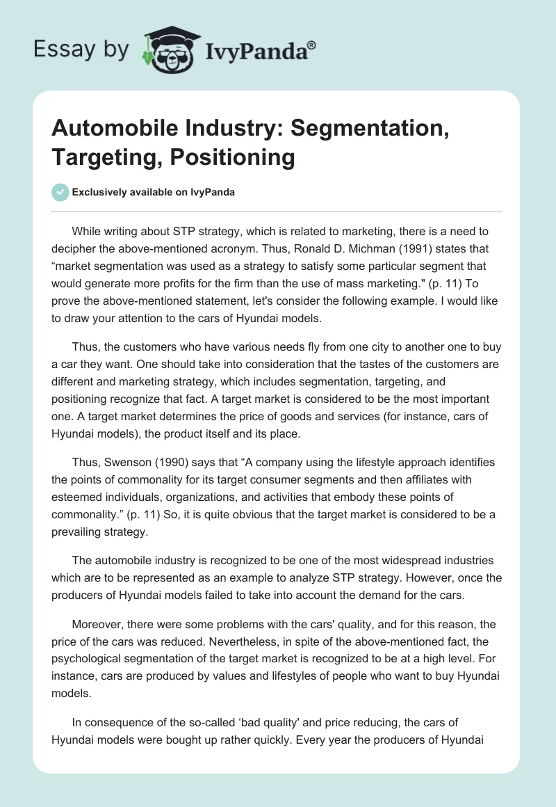 Automobile Industry: Segmentation, Targeting, Positioning. Page 1