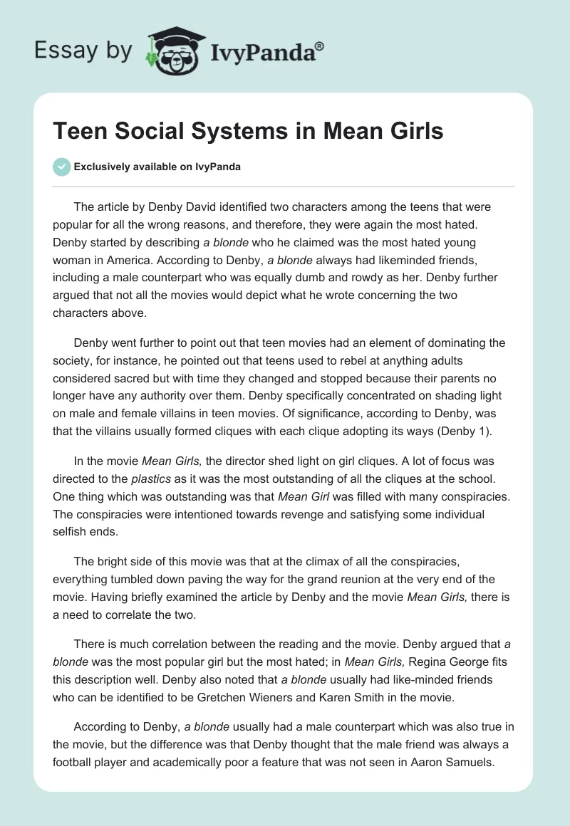 Teen Social Systems in "Mean Girls". Page 1