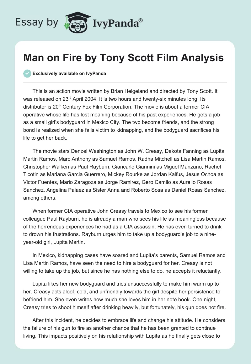 "Man on Fire" by Tony Scott Film Analysis. Page 1