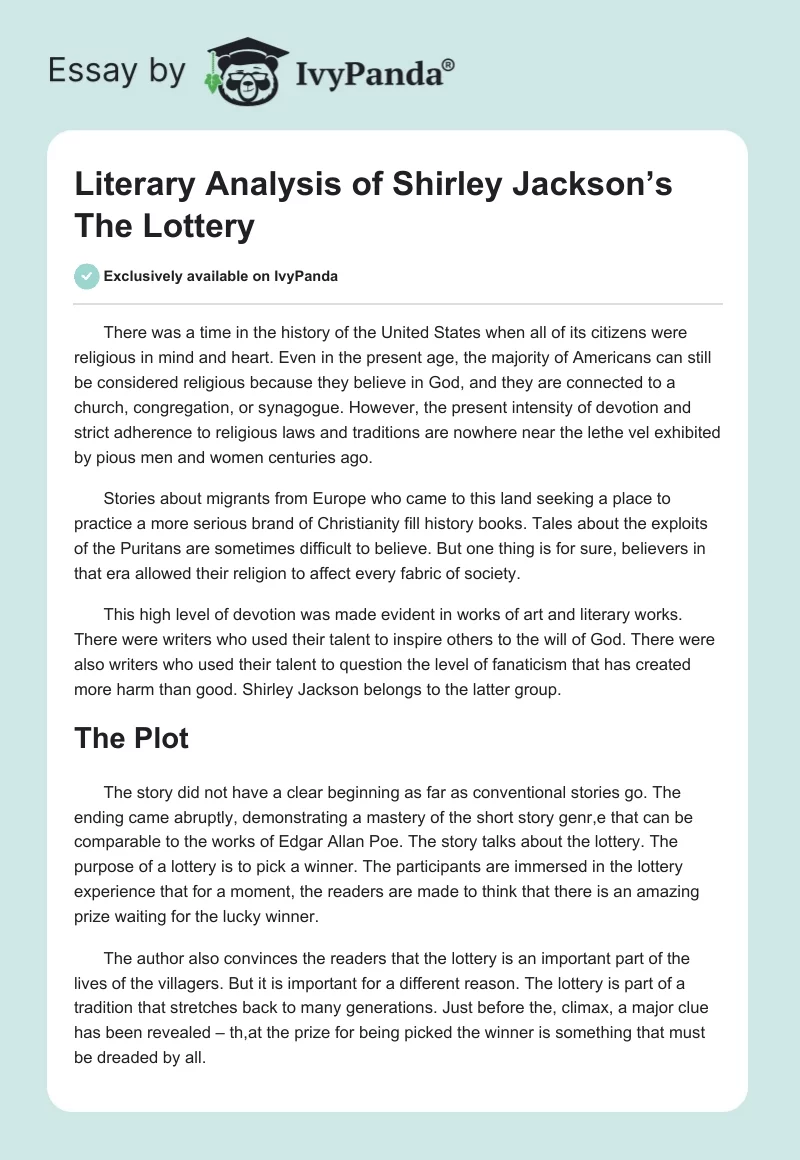 Literary Analysis of Shirley Jackson’s The Lottery. Page 1