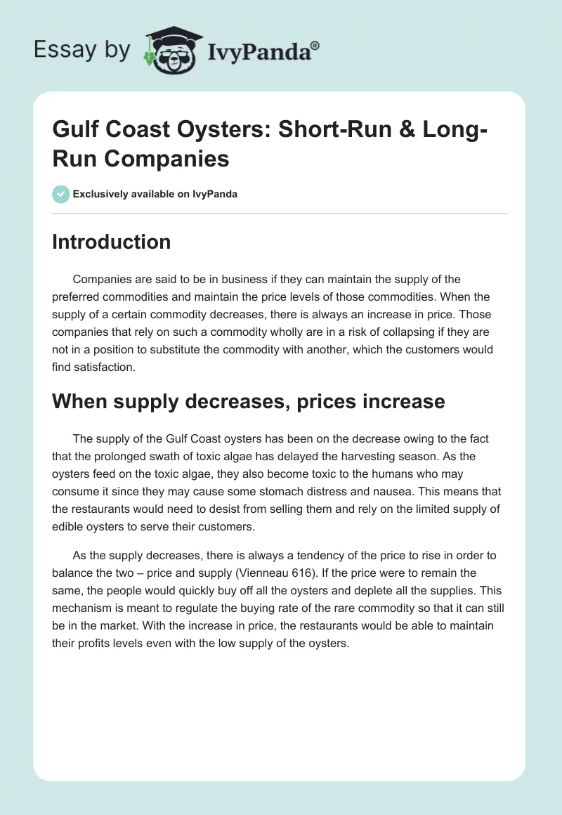 Gulf Coast Oysters: Short-Run & Long-Run Companies. Page 1
