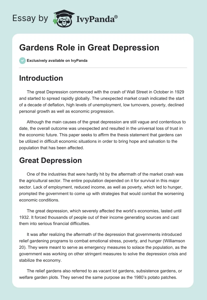 Gardens Role in Great Depression. Page 1